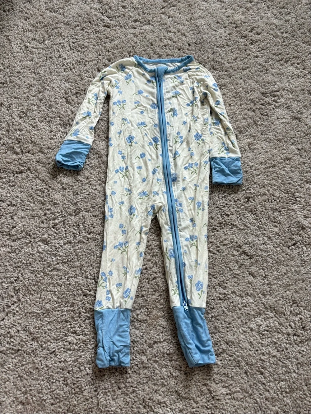 Cream and Blue Floral Kids Zip-Front Footie Pajamas